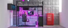Full Size Metal Loft Bed with LED, Desk and 4 Storage Shelves, Black