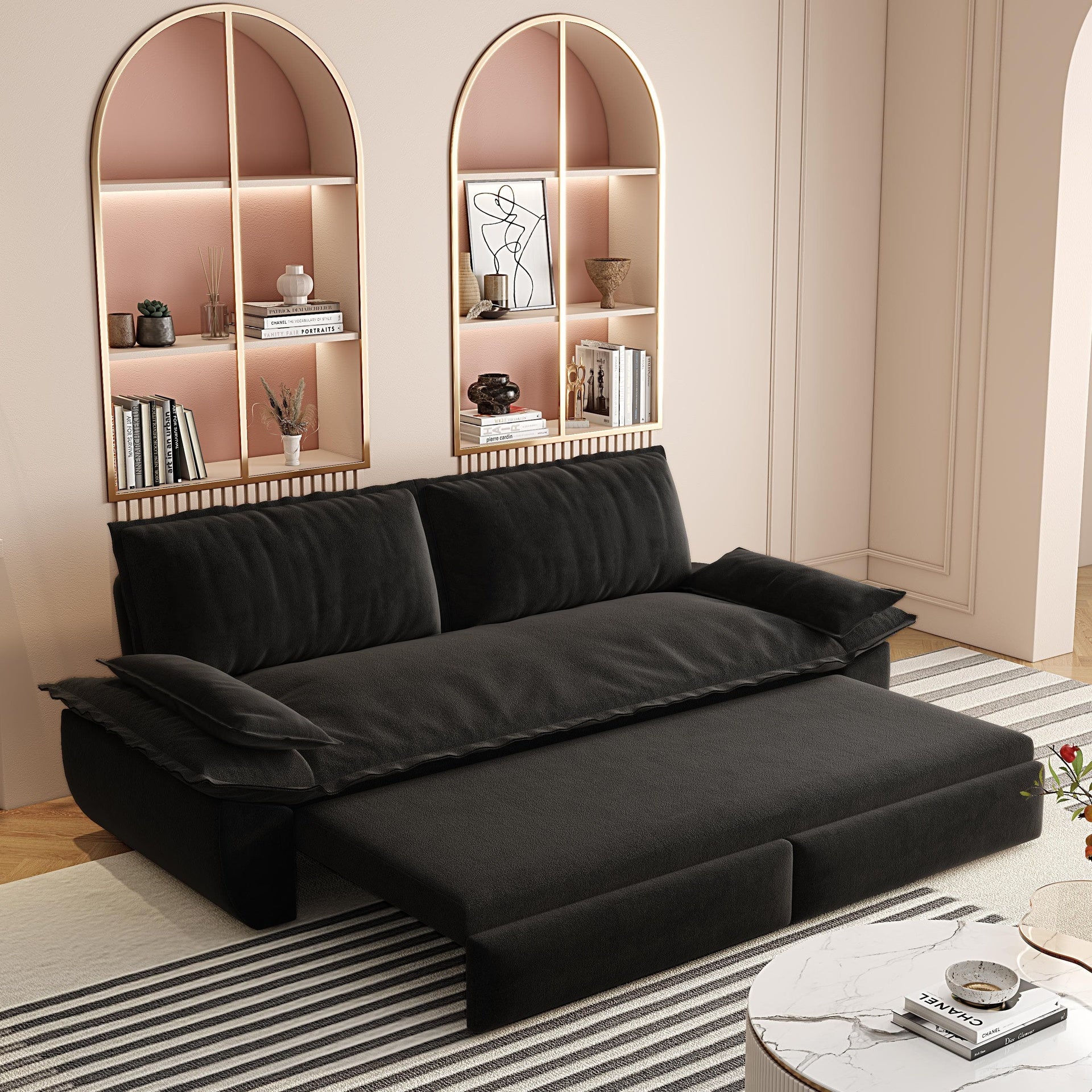 73.2" Queen Pull Out Sofa Bed,3-in-1 Convertible Sleeper Sofa,Multi-Functional Velvet Loveseat Bed,Black