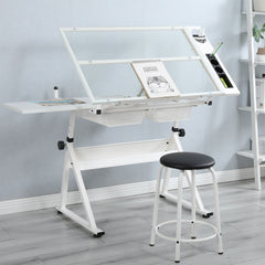 WHITE adjustable tempered glass drafting printing table with chair