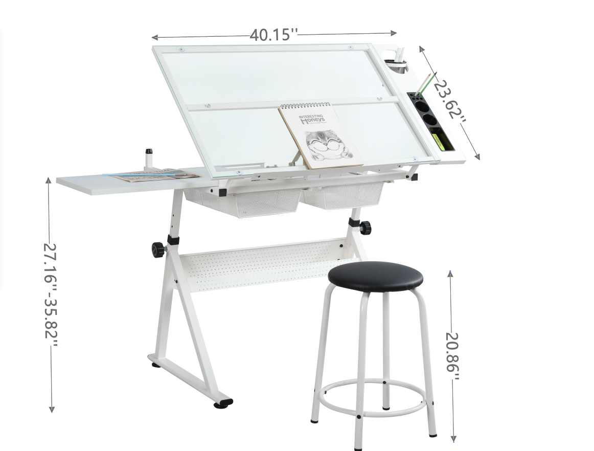 WHITE adjustable tempered glass drafting printing table with chair