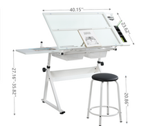 WHITE adjustable tempered glass drafting printing table with chair