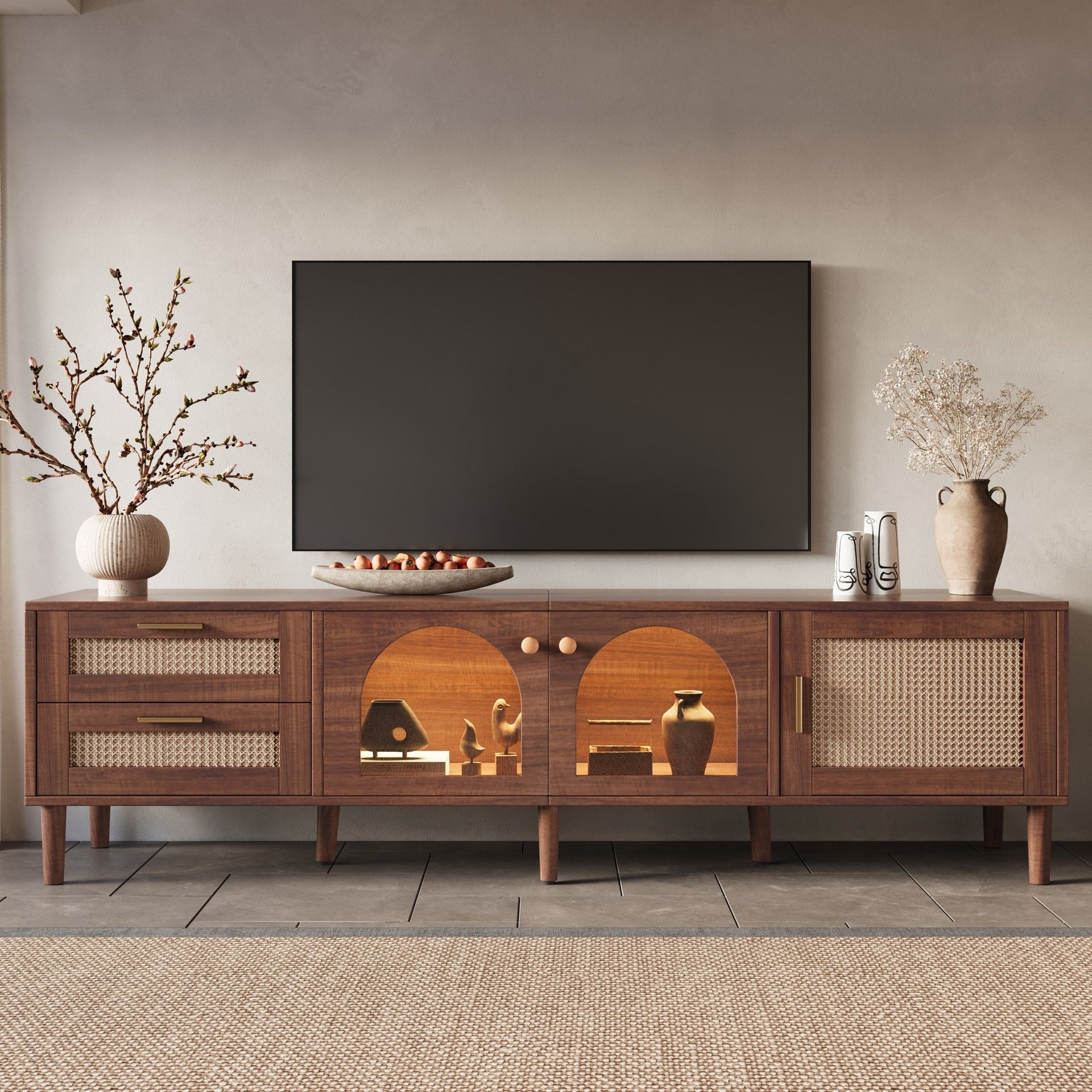 Rattan TV Stand with 3 Cabinets & 2 Drawers, Rattan-inspired Media Console Table for TVs up to 80'', LED Light Entertainment Center, TV cabinet for Living room, Bedroom, Home Theatre