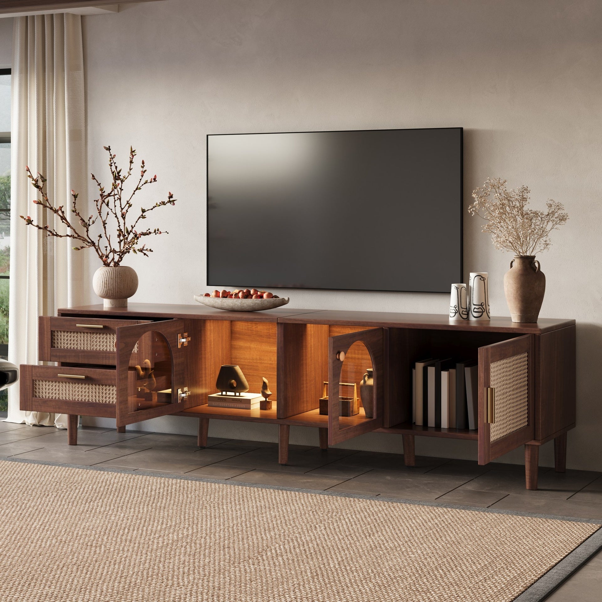Rattan TV Stand with 3 Cabinets & 2 Drawers, Rattan-inspired Media Console Table for TVs up to 80'', LED Light Entertainment Center, TV cabinet for Living room, Bedroom, Home Theatre