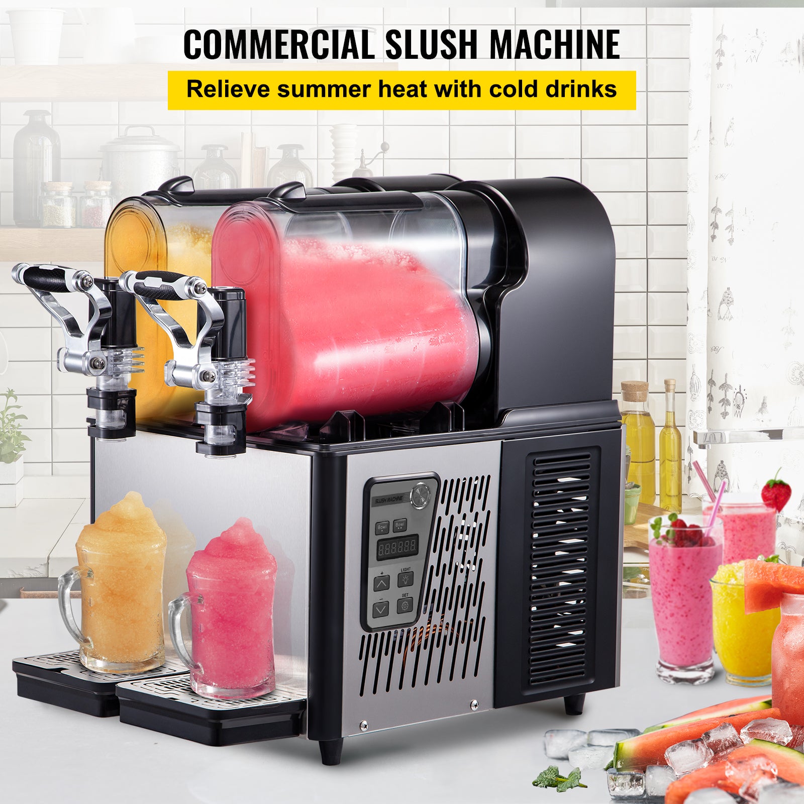 Commercial Slushy Machine, 3LX2 Tank Slush Drink Maker, 340W Frozen Drink Machine with Temperature Preservation, Stainless Steel Home Slush Frozen Drink Machine with Automatic Clean, Black