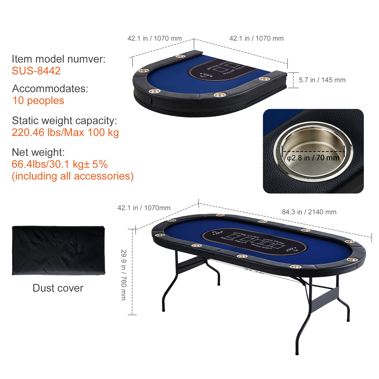 10 Player Foldable Poker Table, Blackjack Texas Holdem Poker Table with Padded Rails and Stainless Steel Cup Holders, Portable Folding Card Board Game Table, 84" Oval Casino Leisure Table