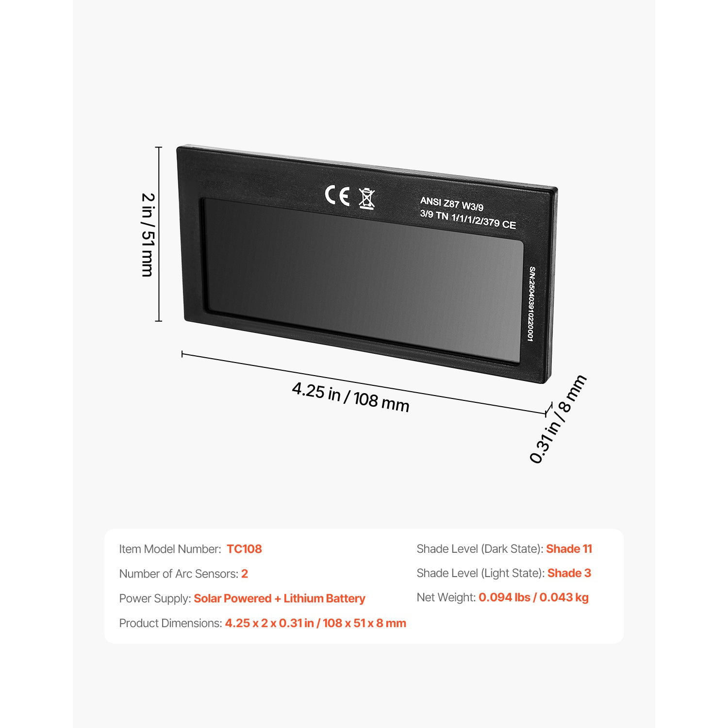 Auto Darkening Welding Lens 4.25" x 2" Shade 11 True Color Welding Lens