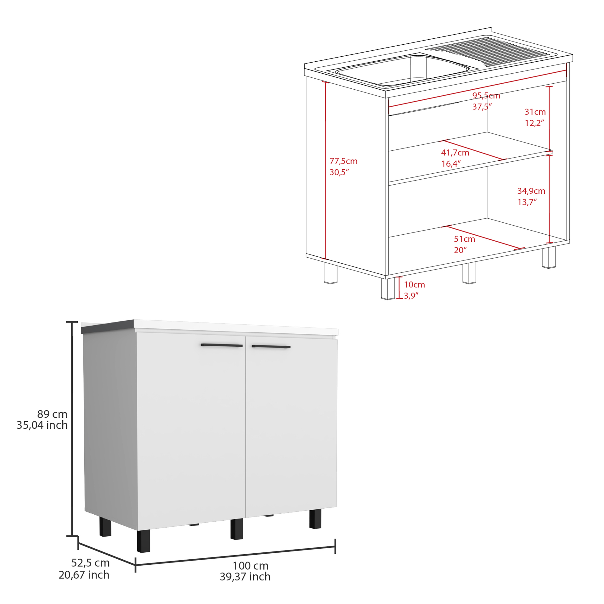 Alexandria 2 Piece Kitchen Set, Wall Cabinet + Utility Sink, White