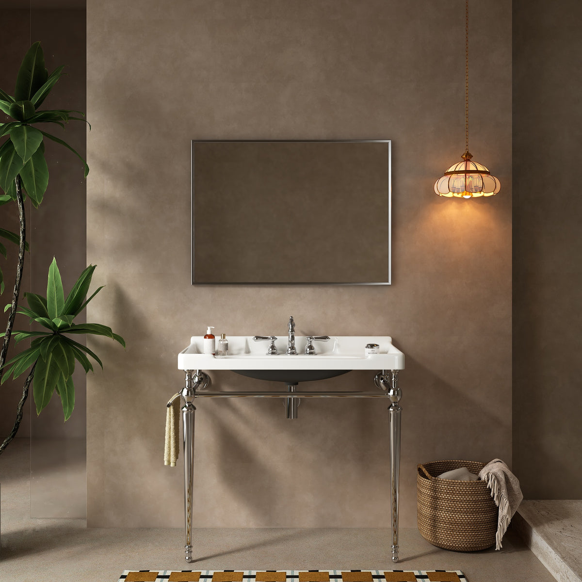 VICI 36" Bathroom Console Sink, Wall-Mounted White Ceramic Vanity Basin with 3 Pre-drilled Faucet Holes, Freestanding Stainless Steel Support Legs with Towel Bar, No Faucet & Sink Cover, Chrome Color