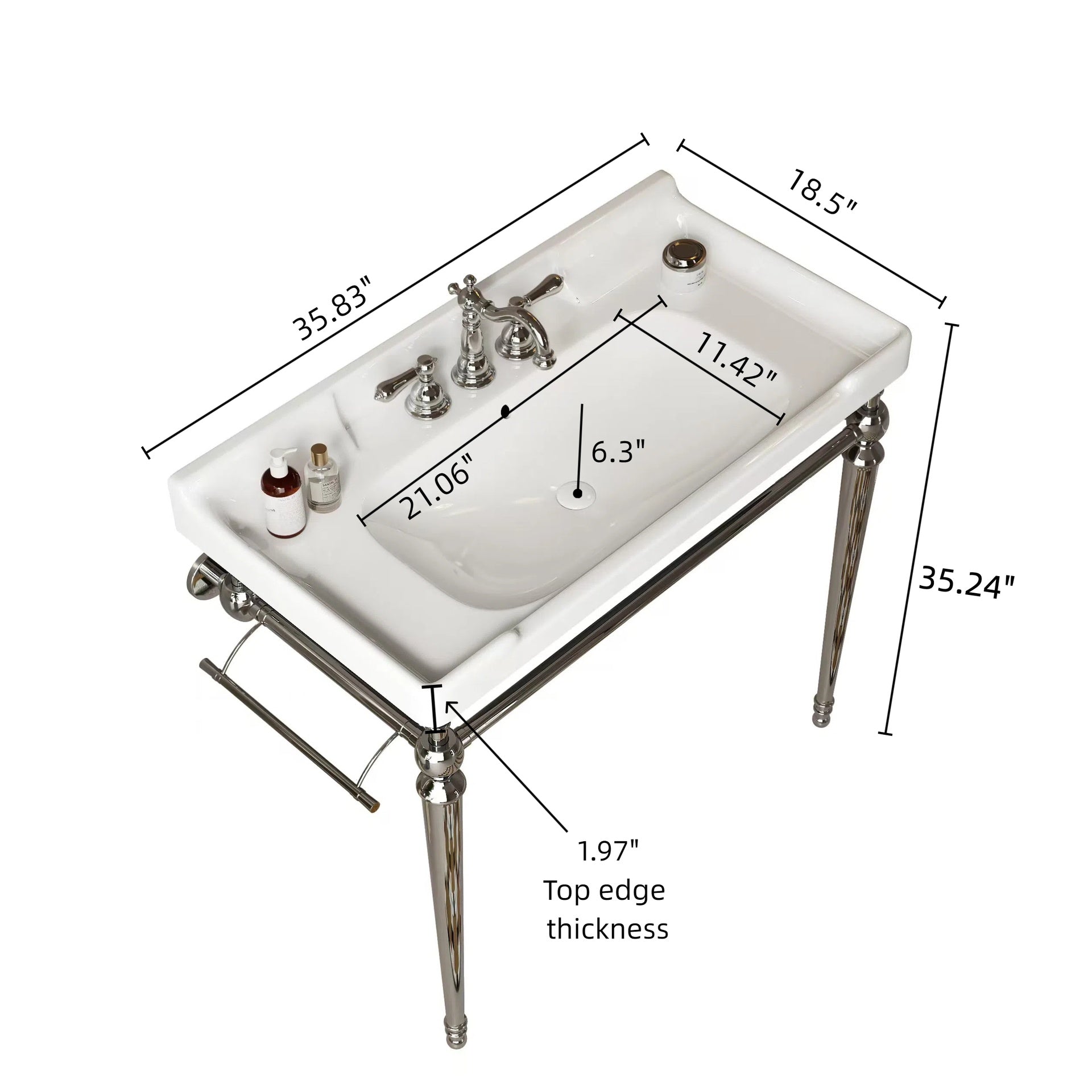 VICI 36" Bathroom Console Sink, Wall-Mounted White Ceramic Vanity Basin with 3 Pre-drilled Faucet Holes, Freestanding Stainless Steel Support Legs with Towel Bar, No Faucet & Sink Cover, Chrome Color