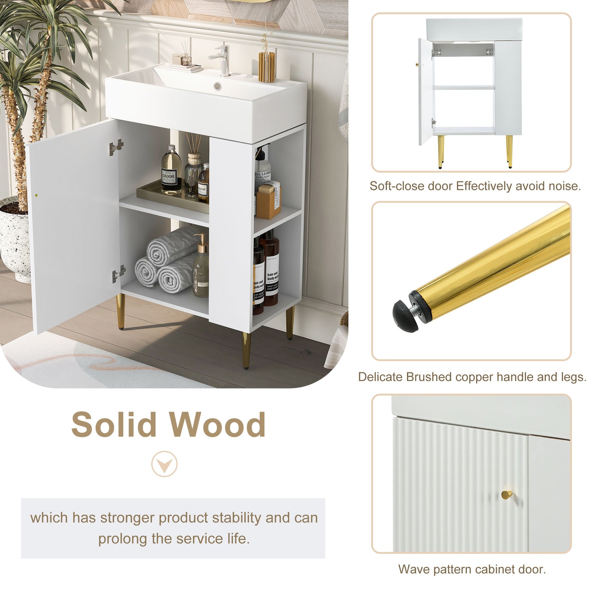 21.6" White Bathroom vanity, Combo Cabinet, Bathroom Storage Cabinet, Single Ceramic Sink, Right Side Storage
