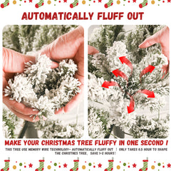 8FT Flocked Christmas Tree with 1445 Tips – Snowy PVC & Hard Needle Branches, Hinged Structure for Easy Setup, Stable Metal Stand – Realistic Full-Body Holiday Tree