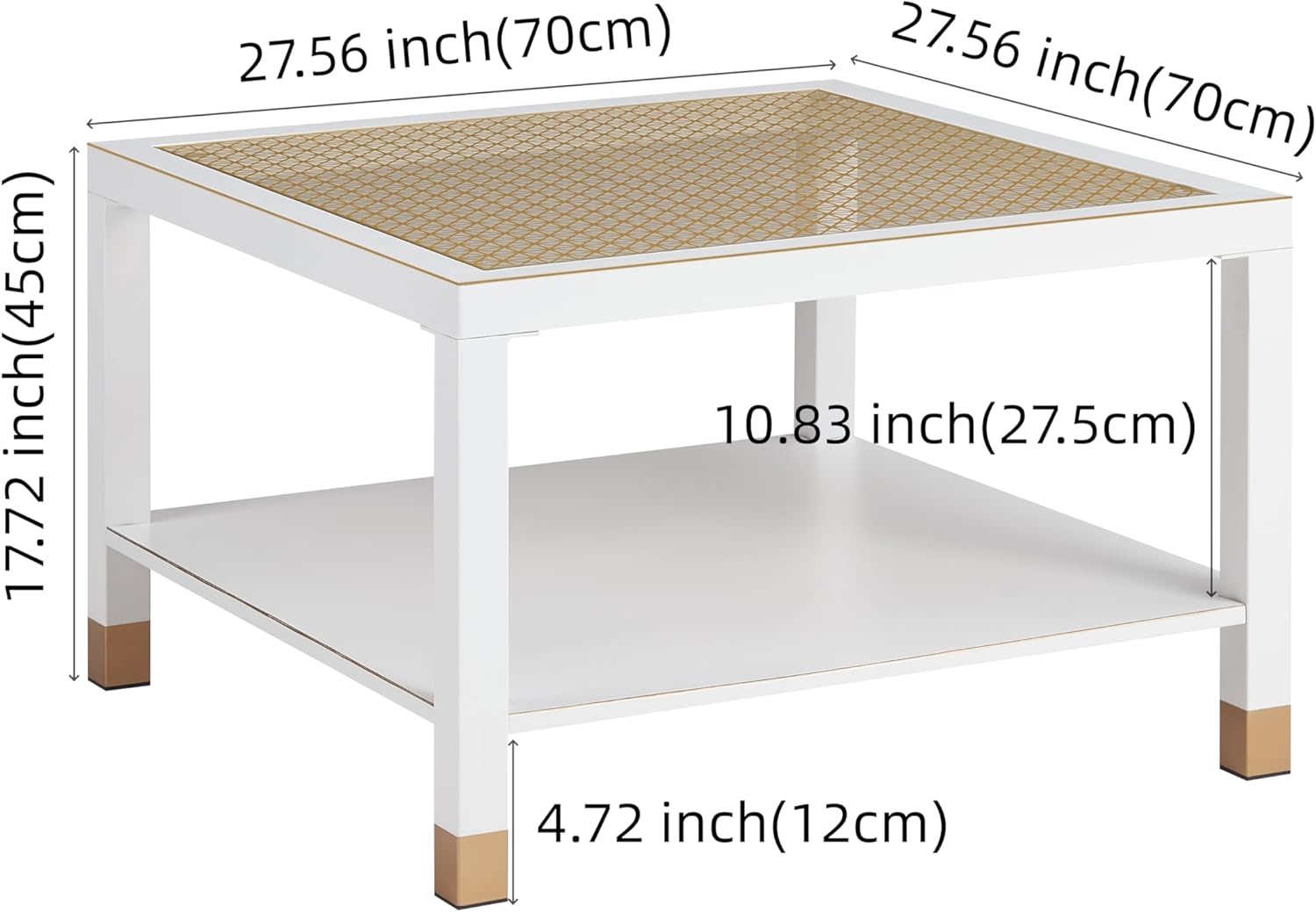 Modern Square Coffee Table - 27.6" Crisp White Metal Frame w/Luxe Gold Glass Top