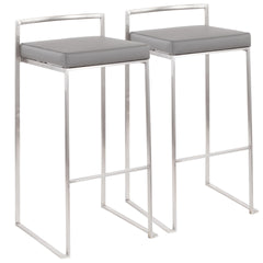 Fuji Contemporary Stackable Barstool in Stainless Steel with Grey Faux Leather Cushion by LumiSource - Set of 2