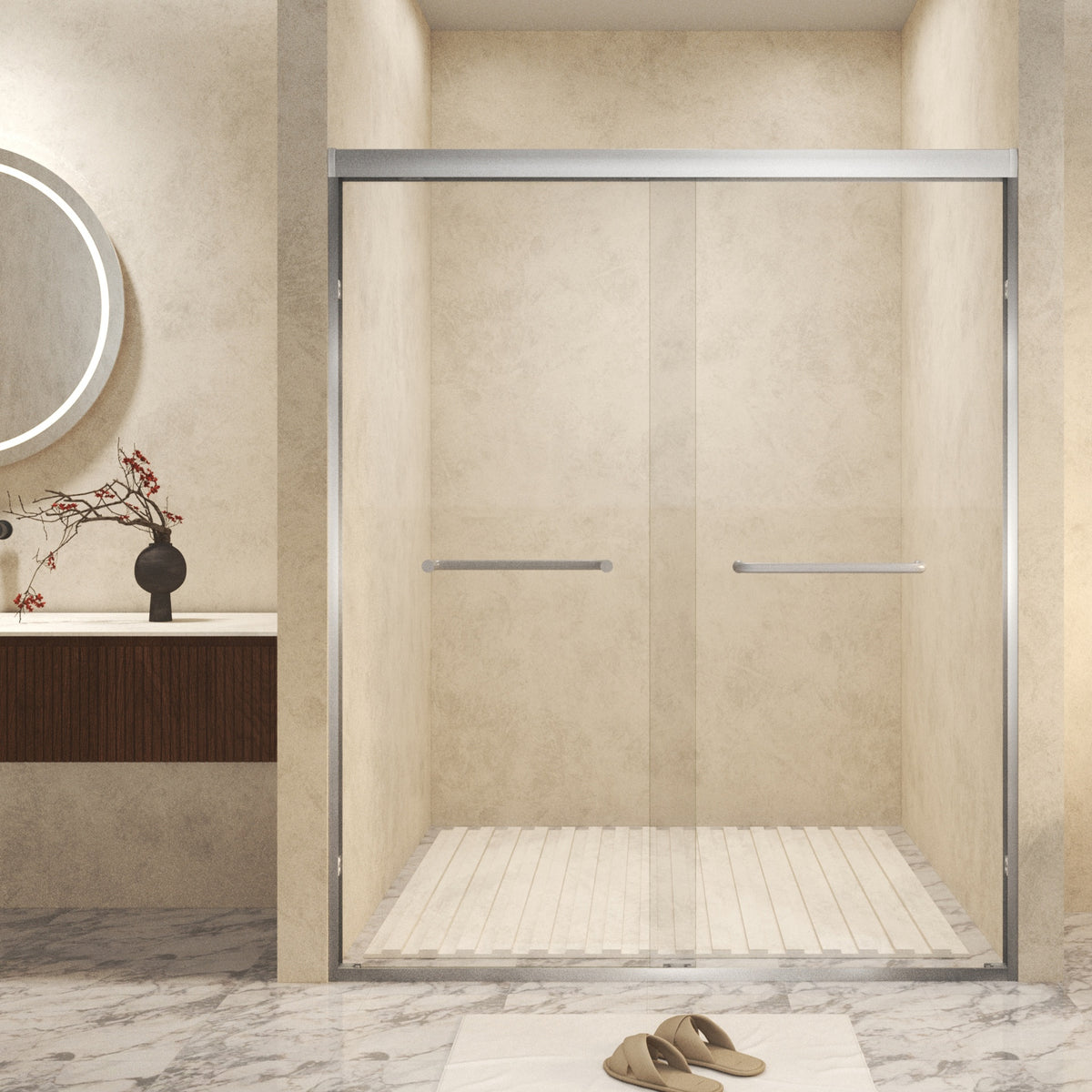 44-48" x 72" Tempered Glass with Explosion Proof Film, Aluminum Frame Double Sliding Shower Door, "1/4 (6 mm), Stainless Steel handle,Brushed Nickel