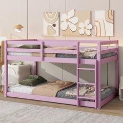 Solid Wooden , Solid Rubber Wooden Twin over Twin Floor Bunk Bed with Ladder ,Upper and Bottom Bed Platforms crafted with Strengthened Slats ,Pink