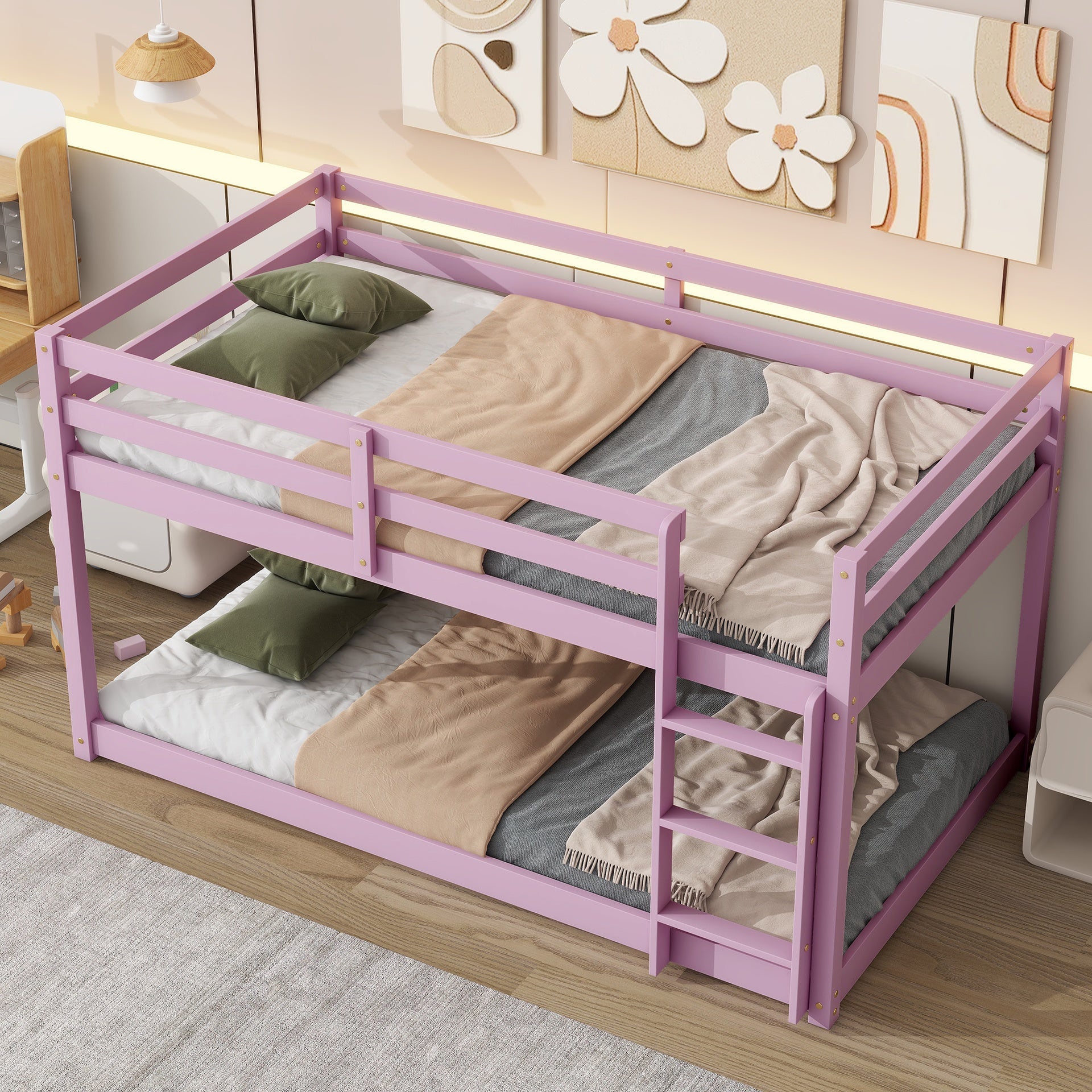 Solid Wooden , Solid Rubber Wooden Twin over Twin Floor Bunk Bed with Ladder ,Upper and Bottom Bed Platforms crafted with Strengthened Slats ,Pink