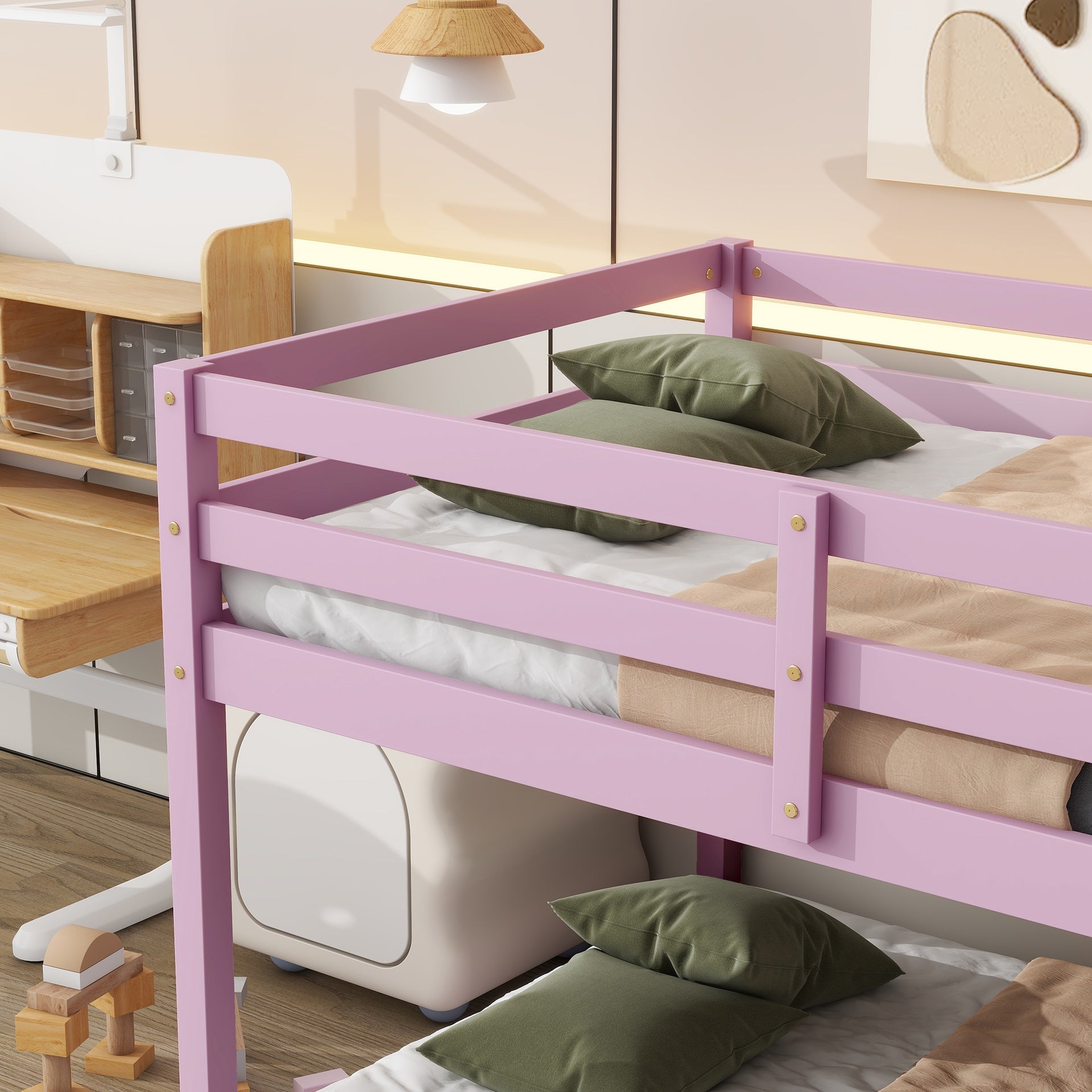 Solid Wooden , Solid Rubber Wooden Twin over Twin Floor Bunk Bed with Ladder ,Upper and Bottom Bed Platforms crafted with Strengthened Slats ,Pink