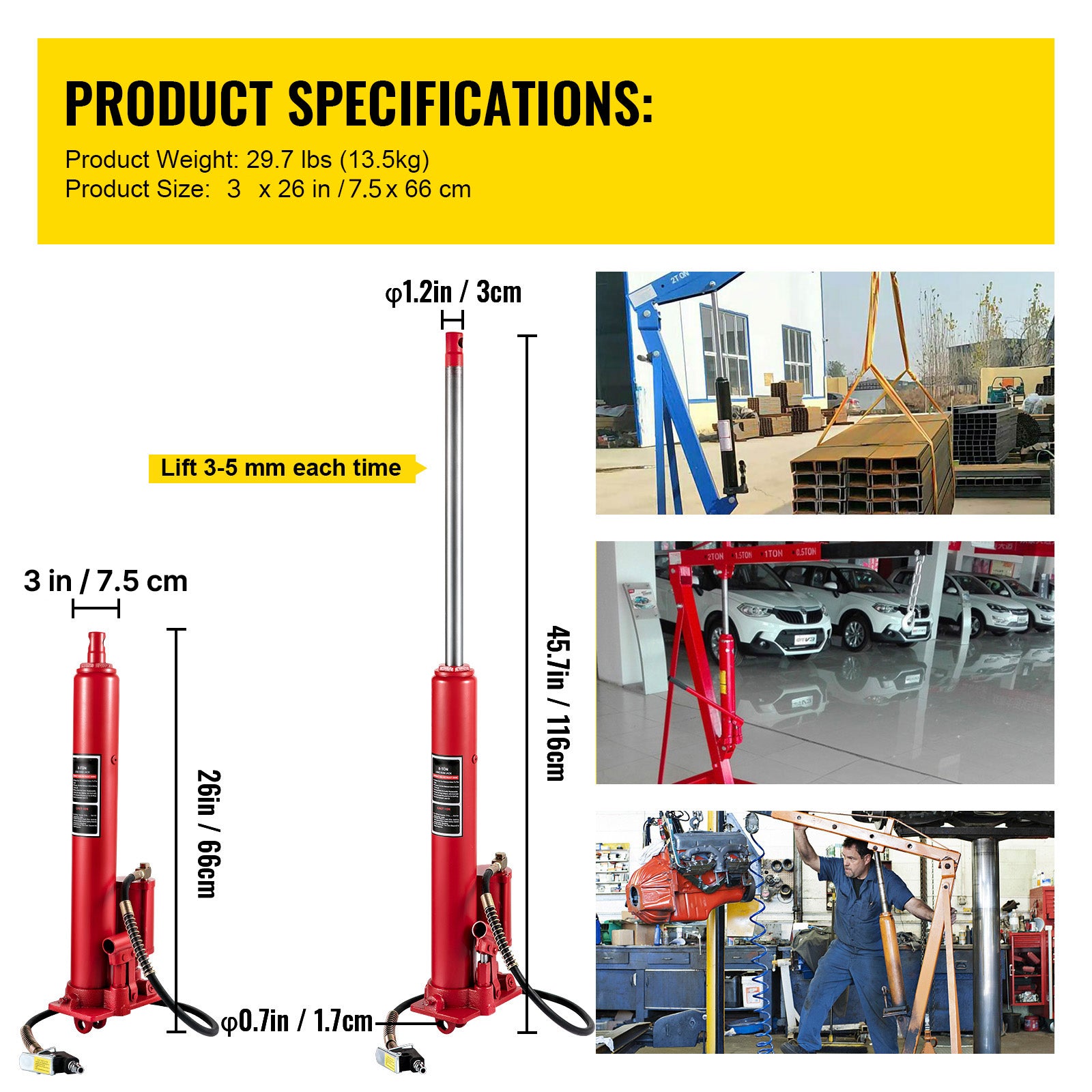 Hydraulic/Pneumatic Long Ram Jack, 8 Tons/17363 lbs Capacity, with Single Piston Pump and Clevis Base, Manual Cherry Picker w/Handle, for Garage/Shop Cranes, Engine Lift Hoist, Red