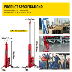 Hydraulic/Pneumatic Long Ram Jack, 8 Tons/17363 lbs Capacity, with Single Piston Pump and Clevis Base, Manual Cherry Picker w/Handle, for Garage/Shop Cranes, Engine Lift Hoist, Red