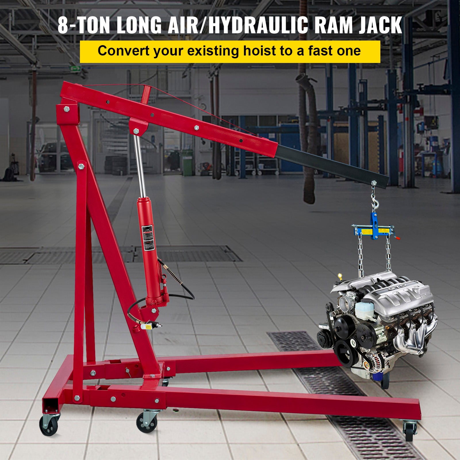 Hydraulic/Pneumatic Long Ram Jack, 8 Tons/17363 lbs Capacity, with Single Piston Pump and Clevis Base, Manual Cherry Picker w/Handle, for Garage/Shop Cranes, Engine Lift Hoist, Red