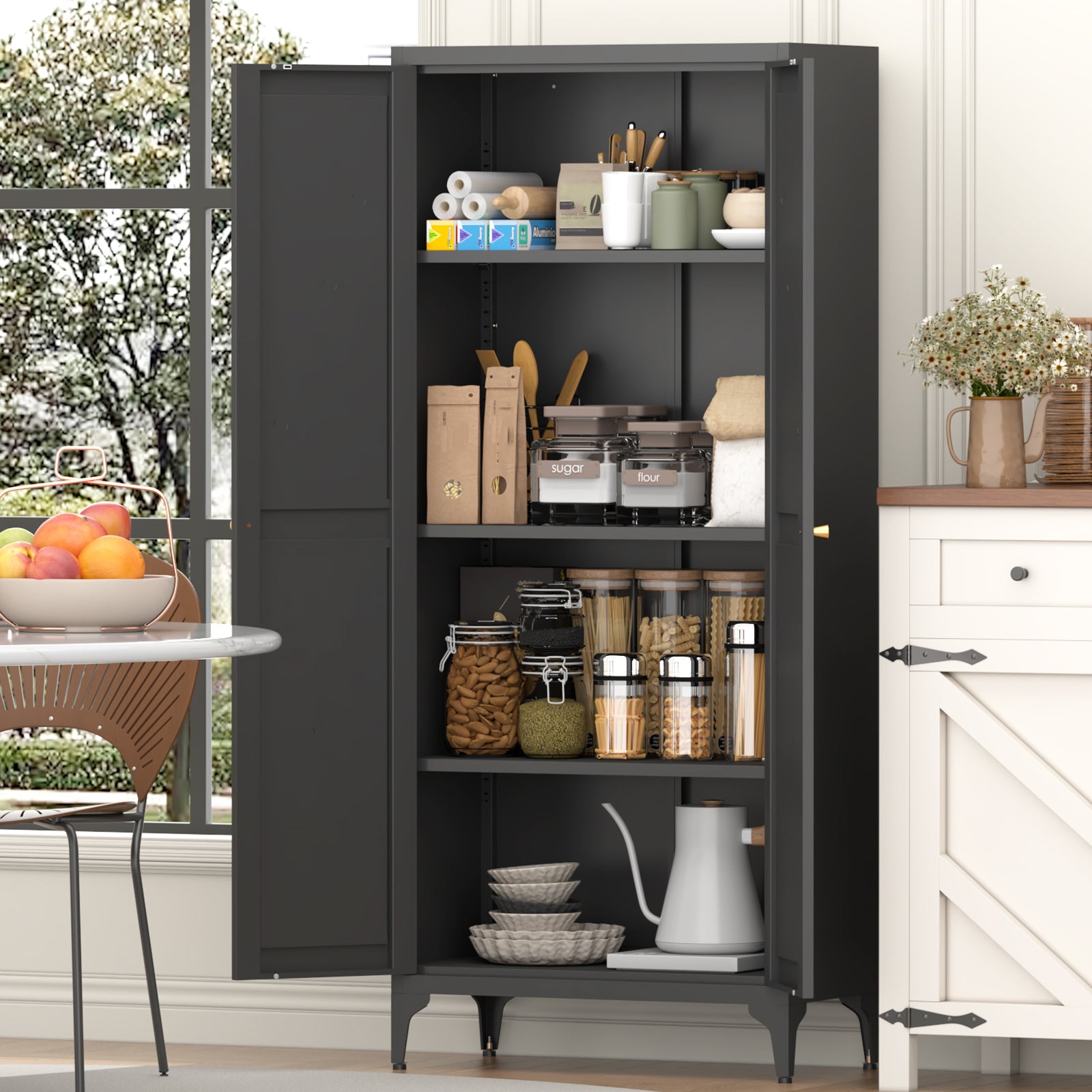 [Metal Adjustable] 2 Doors Metal Storage Cabinet Kitchen Pantry Cabinet With Adjustable Shelves Tall Steel Cabinet Locker For Kitchen, Living Room, Dining Room And Office