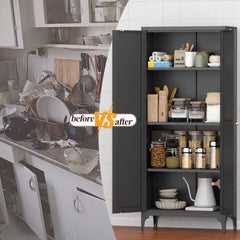 [Metal Adjustable] 2 Doors Metal Storage Cabinet Kitchen Pantry Cabinet With Adjustable Shelves Tall Steel Cabinet Locker For Kitchen, Living Room, Dining Room And Office