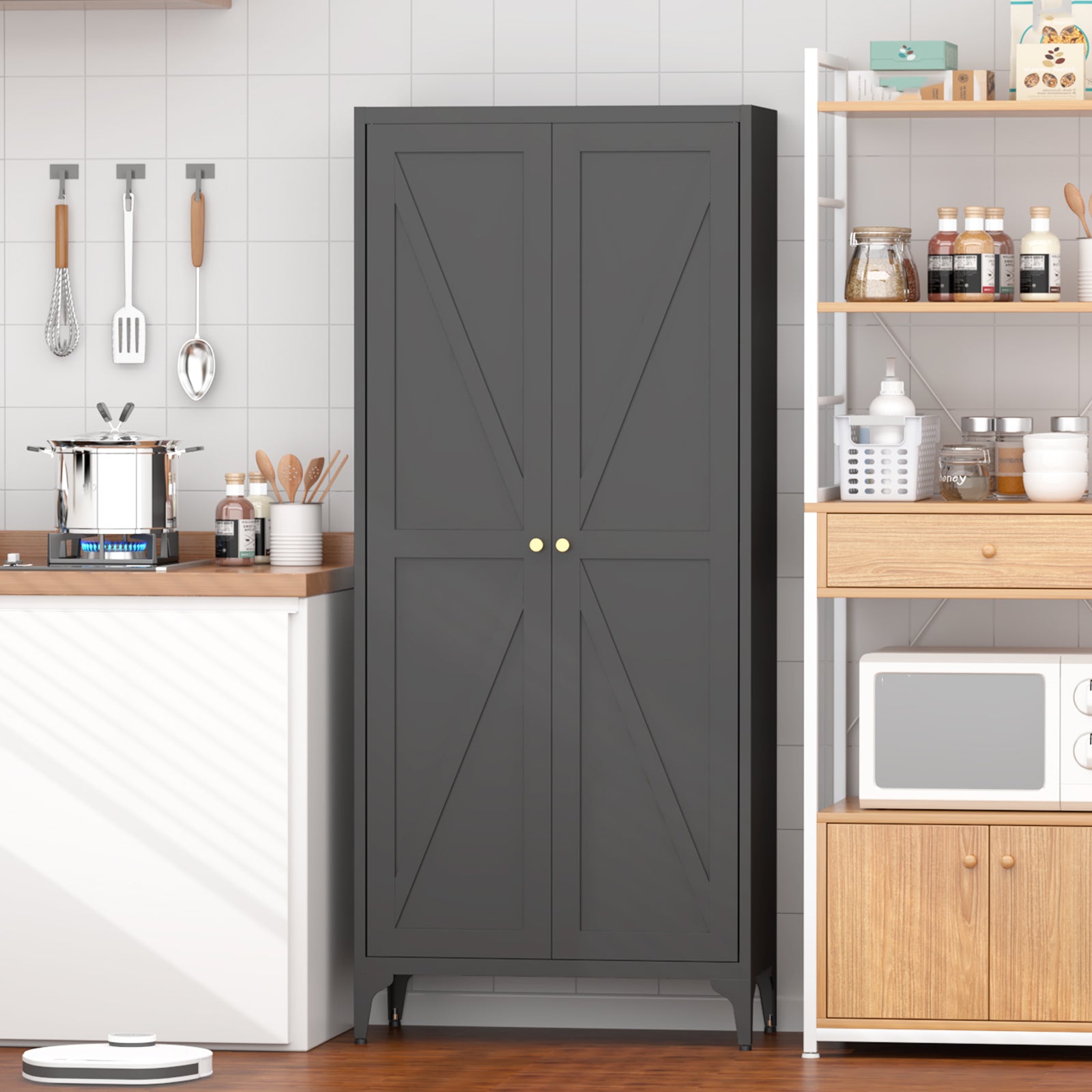 [Metal Adjustable] 2 Doors Metal Storage Cabinet Kitchen Pantry Cabinet With Adjustable Shelves Tall Steel Cabinet Locker For Kitchen, Living Room, Dining Room And Office