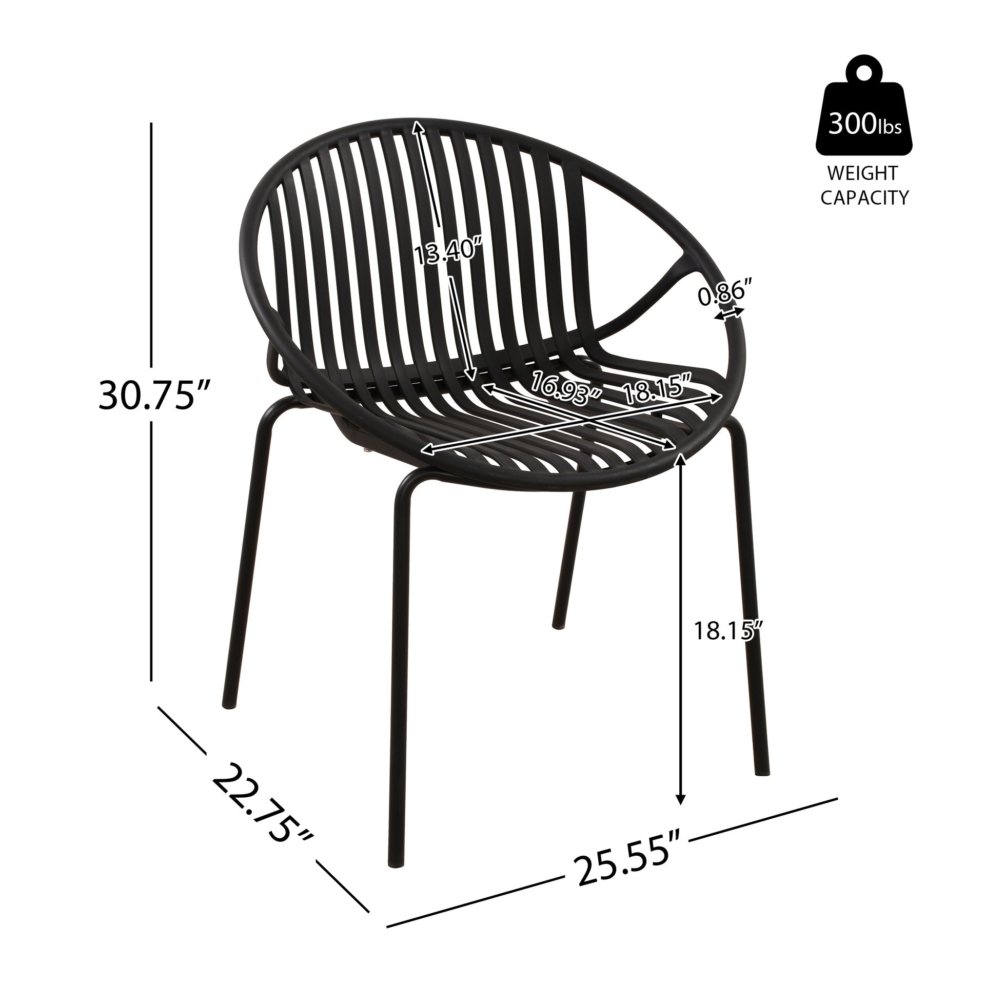 Patio Dining Chairs Stackable Chairs with Breathable Design Modern Simple Art Style (Set of 2),Metal Legs+Plastic backrest,Black