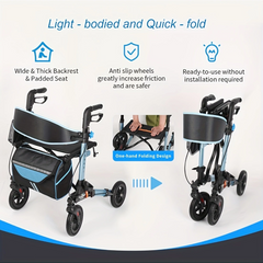 Rollator Walker for Seniors, Lightweight Foldable All Terrain Rolling Walker with seat, Aluminum Walkers with 8 inch Rubber Wheels, Handles and Backrest for Seniors and Adult (BLUE)