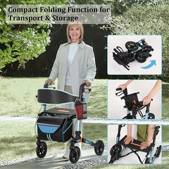 Rollator Walker for Seniors, Lightweight Foldable All Terrain Rolling Walker with seat, Aluminum Walkers with 8 inch Rubber Wheels, Handles and Backrest for Seniors and Adult (BLUE)