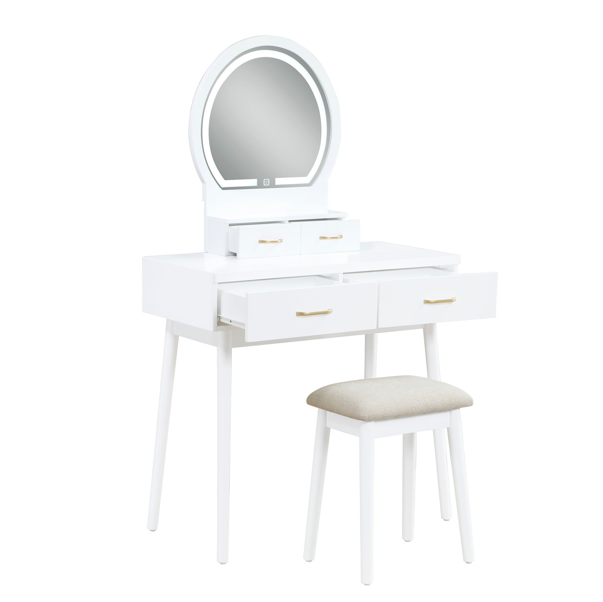 Beautiful White Finish Vanity Dresser with Mirror and Stool Set Storage Drawers Luxury Furniture 1pc LED Mirror