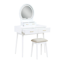 Beautiful White Finish Vanity Dresser with Mirror and Stool Set Storage Drawers Luxury Furniture 1pc LED Mirror