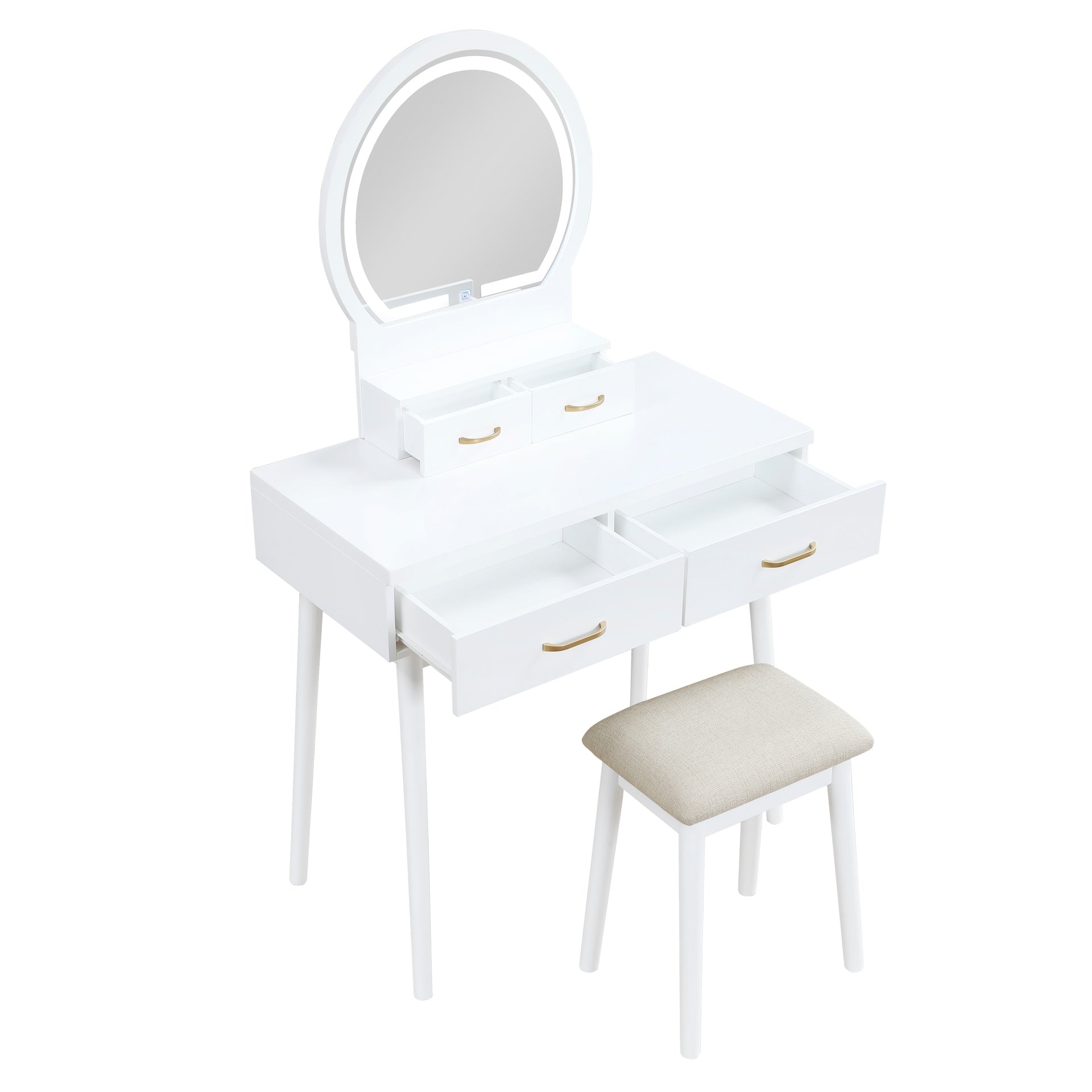 Beautiful White Finish Vanity Dresser with Mirror and Stool Set Storage Drawers Luxury Furniture 1pc LED Mirror