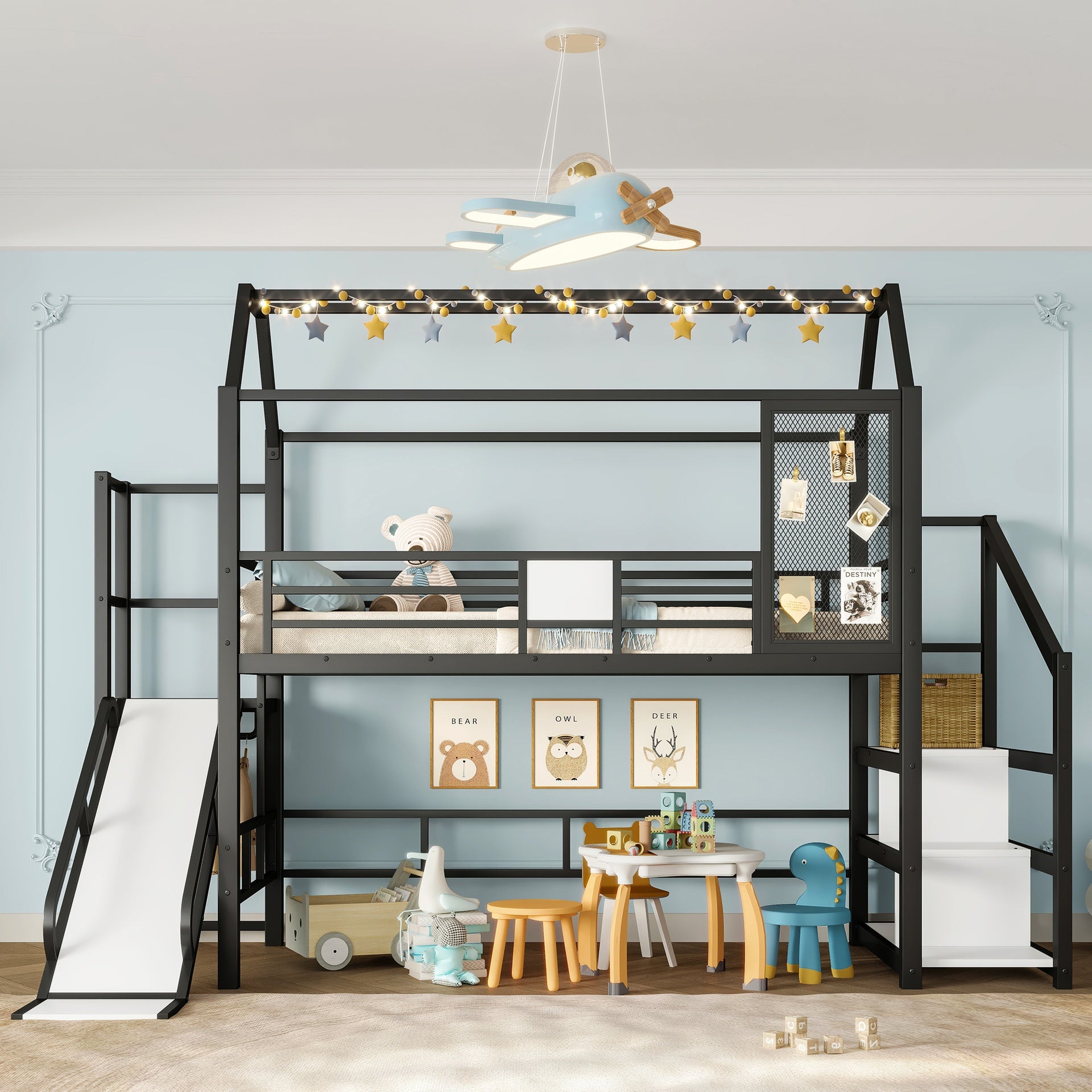 Twin House Loft bed with Slide and Stairs, Metal Playhouse Bed with Storage Shelves, House-shaped Roof and Noise-free Design, Black