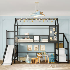 Twin House Loft bed with Slide and Stairs, Metal Playhouse Bed with Storage Shelves, House-shaped Roof and Noise-free Design, Black