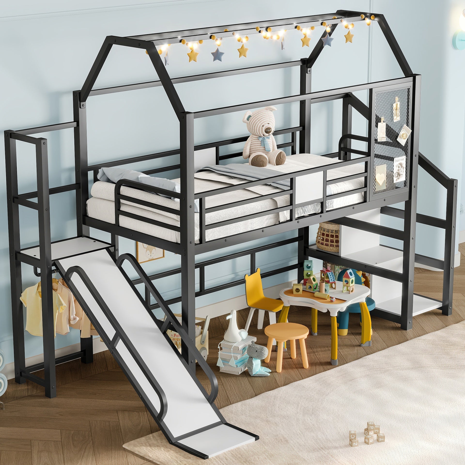 Twin House Loft bed with Slide and Stairs, Metal Playhouse Bed with Storage Shelves, House-shaped Roof and Noise-free Design, Black