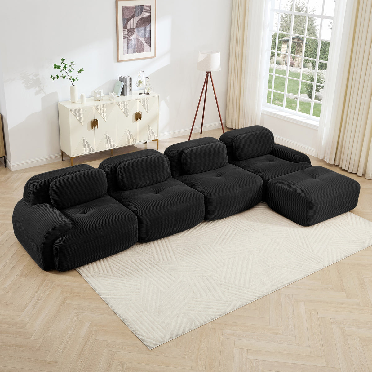 4-seat L-shaped sofa 32D high-resilience sponge anti-slip design chaise design extra-wide curved armrests multi-free combination no assembly for studies living rooms media rooms,Black