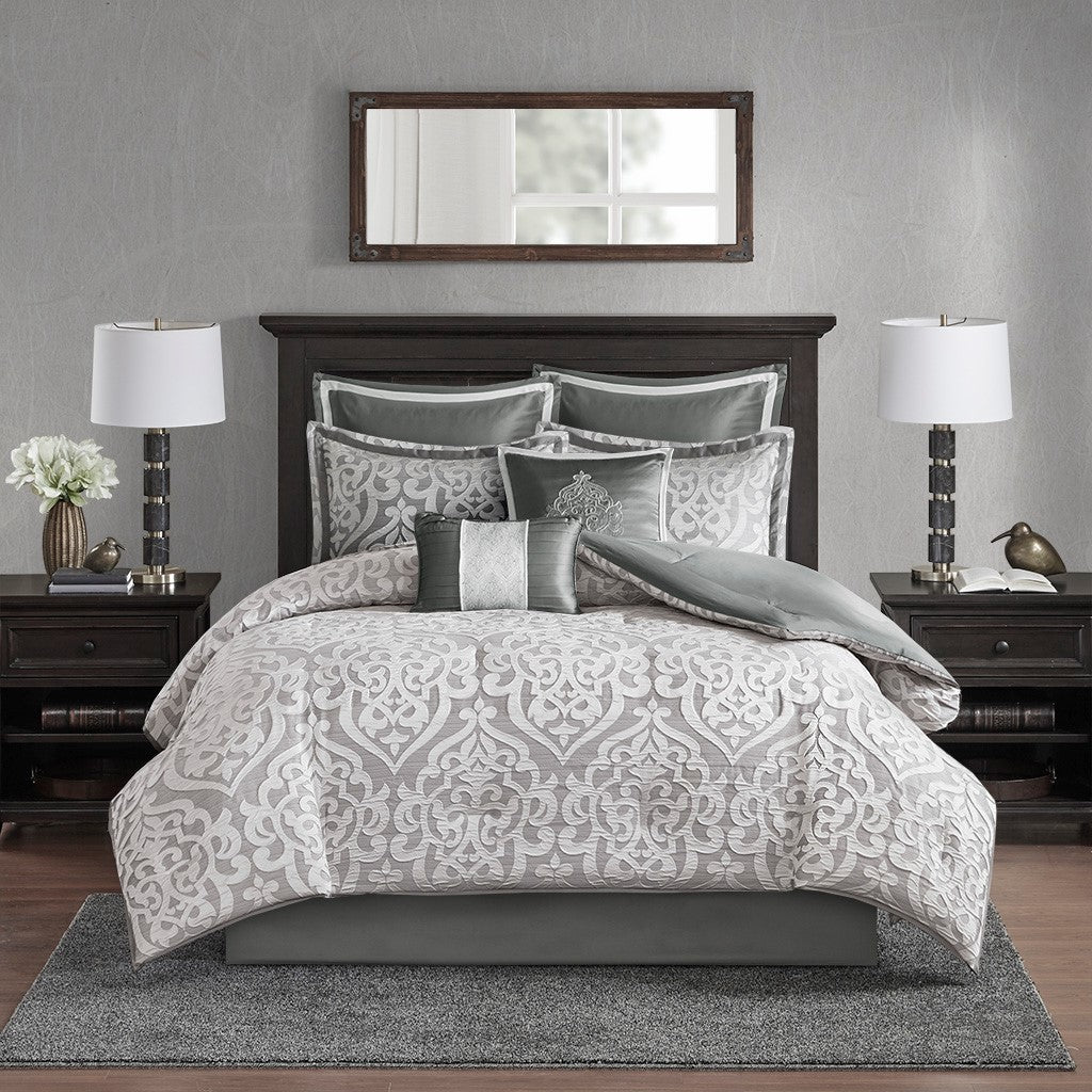 8 Piece Jacquard Comforter Set Silver/Silver Cal King