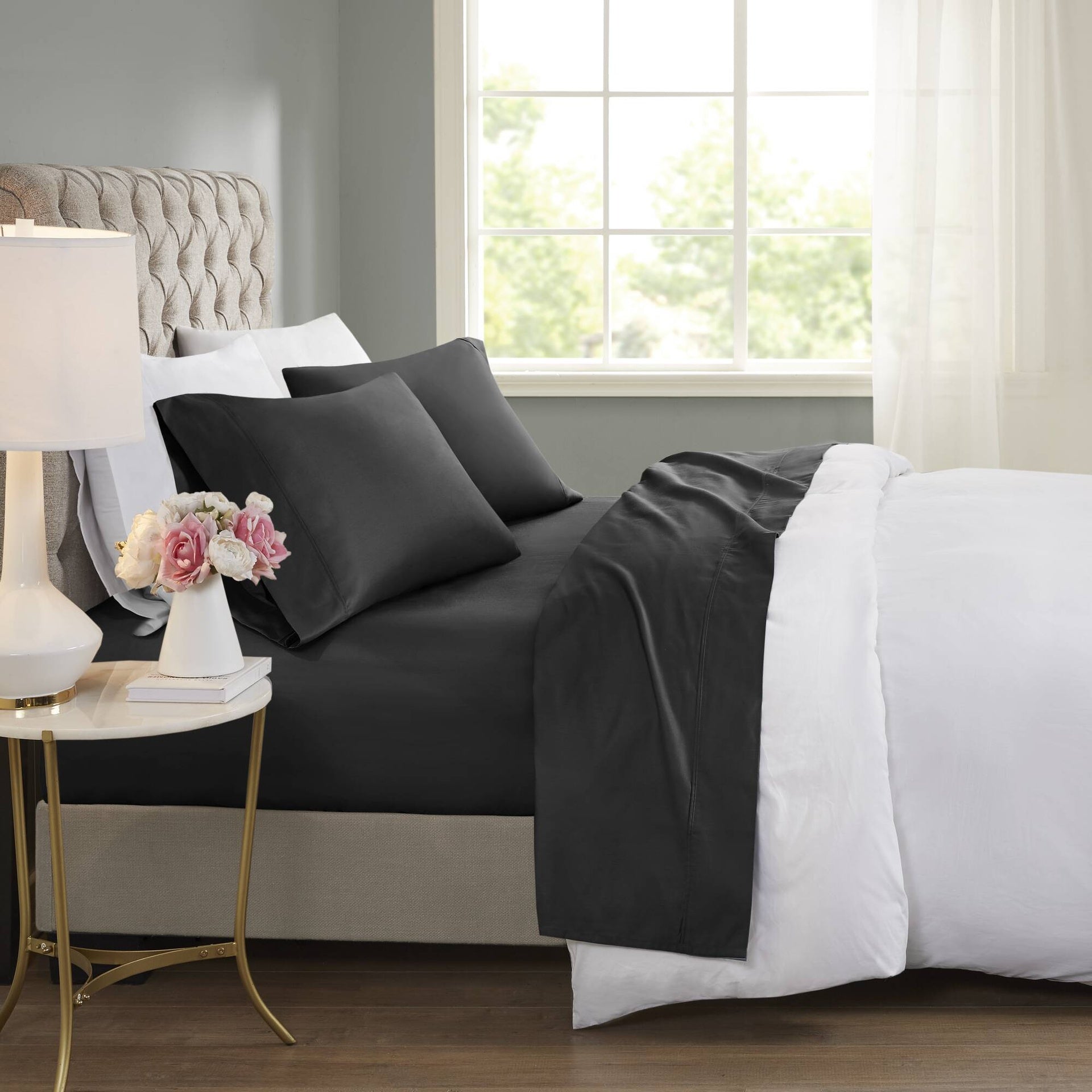 4-Piece Queen Cooling Cotton Blend Sheet Set, Black