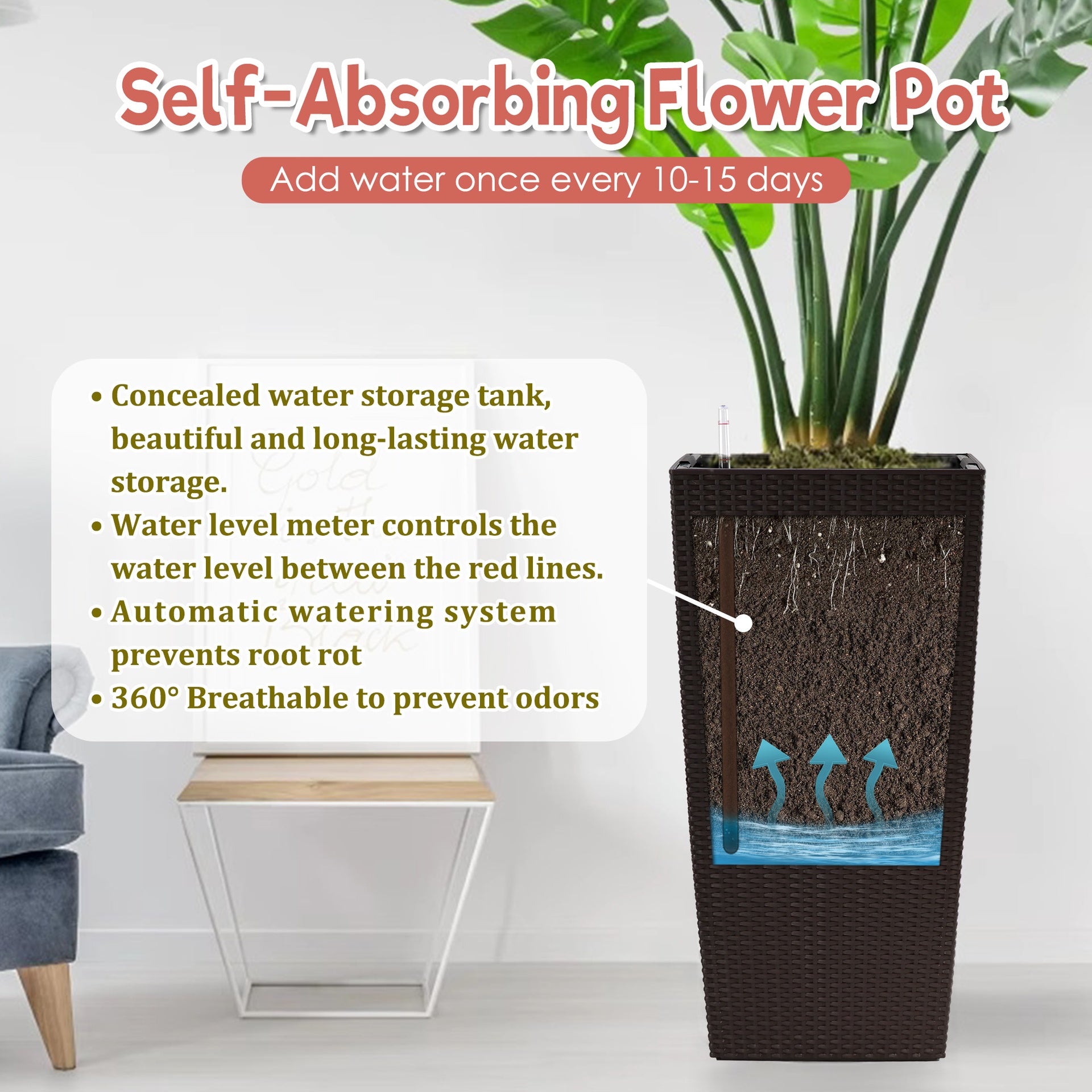 30 in Tall Large Flower Pots Planter with Self-Watering Drainage Holes&Inner Trays Indoor Outdoor Plant Pot with Drain Holes, Water Level Monitor, Inner Bucket for Garden, Patio, Porch, Backyard,Brown