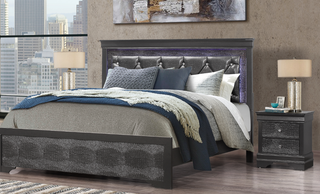 SHAKER GREY QUEEN BED WITH LED