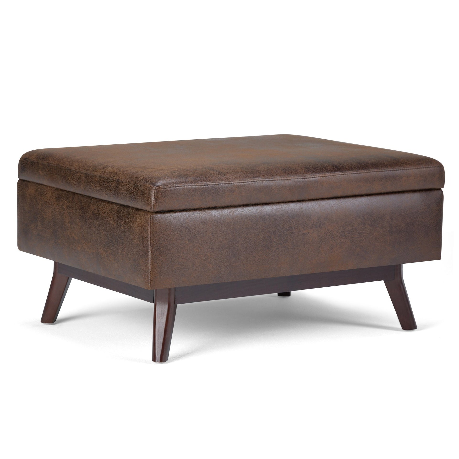 Owen 34 inch Wide Coffee Table Storage Ottoman in Distressed Chestnut Brown Vegan Leather