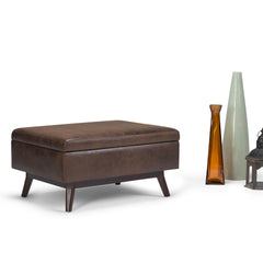 Owen 34 inch Wide Coffee Table Storage Ottoman in Distressed Chestnut Brown Vegan Leather