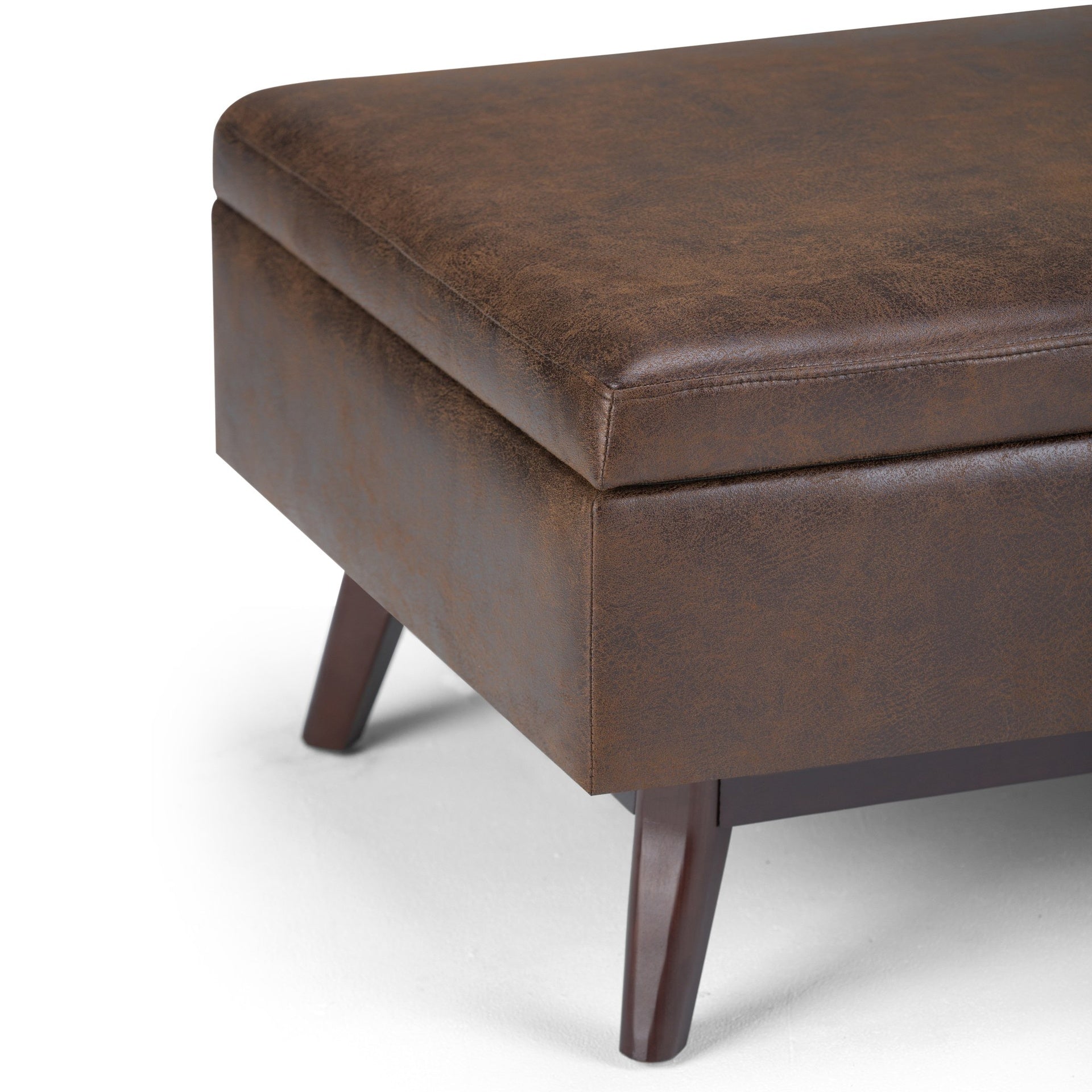 Owen 34 inch Wide Coffee Table Storage Ottoman in Distressed Chestnut Brown Vegan Leather