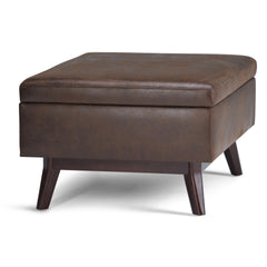 Owen 34 inch Wide Coffee Table Storage Ottoman in Distressed Chestnut Brown Vegan Leather