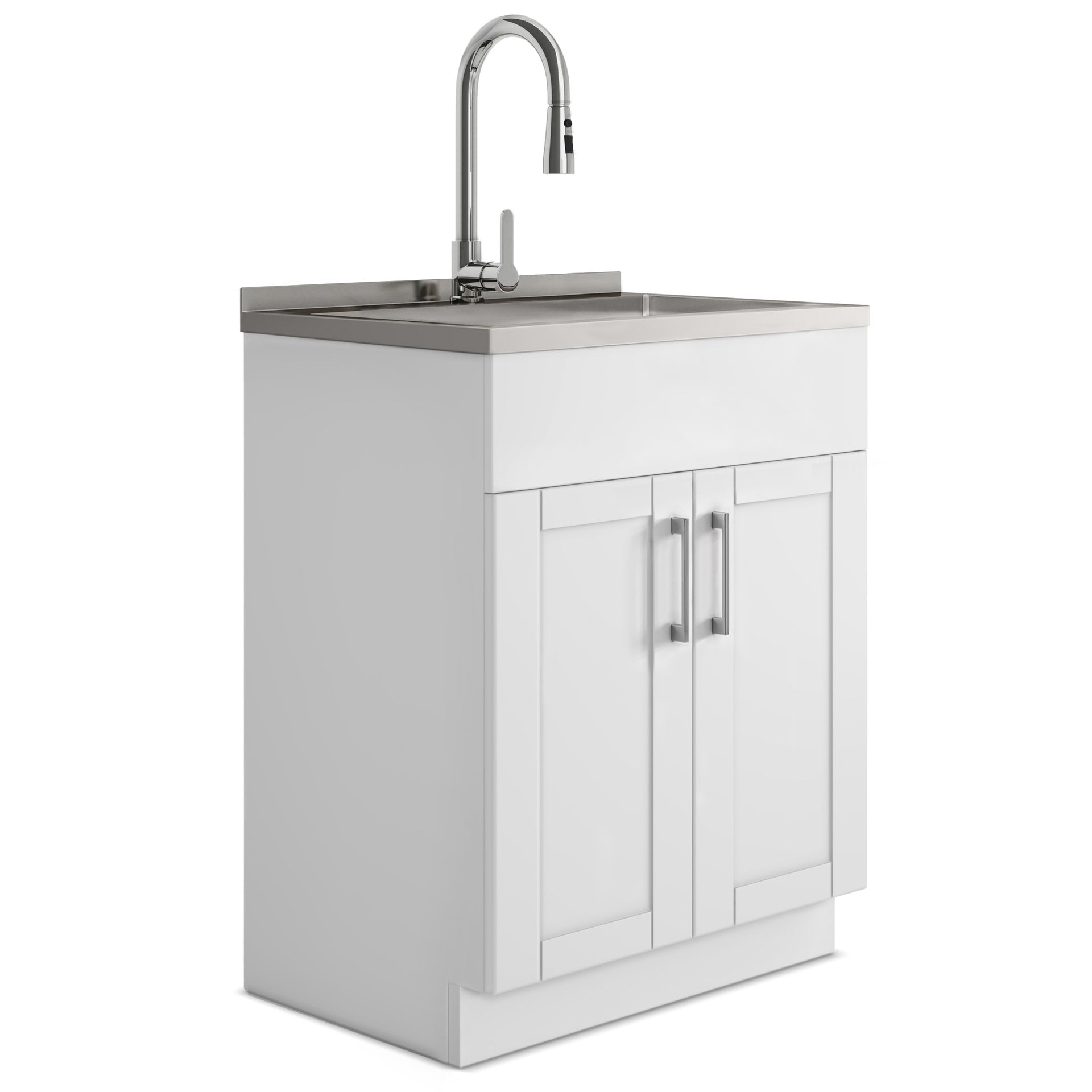Modern Wide Shaker - 28" Laundry Cabinet with Faucet and Stainless Steel Sink - White