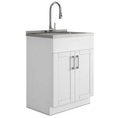 Modern Wide Shaker - 28" Laundry Cabinet with Faucet and Stainless Steel Sink - White