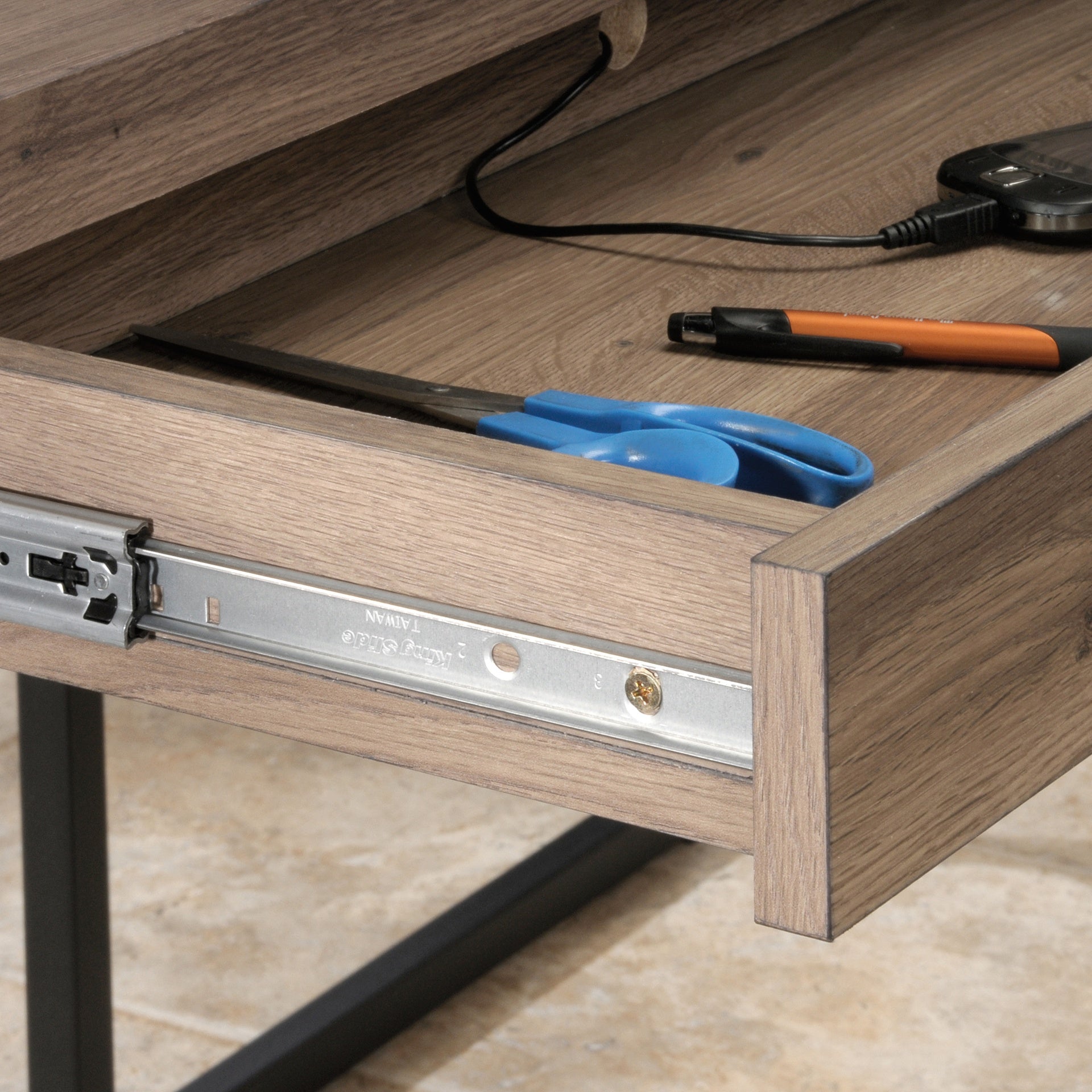 Industrial L-Shaped Desk with Elevated Cubby Shelf, Brown finish