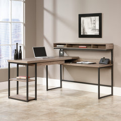 Industrial L-Shaped Desk with Elevated Cubby Shelf, Brown finish