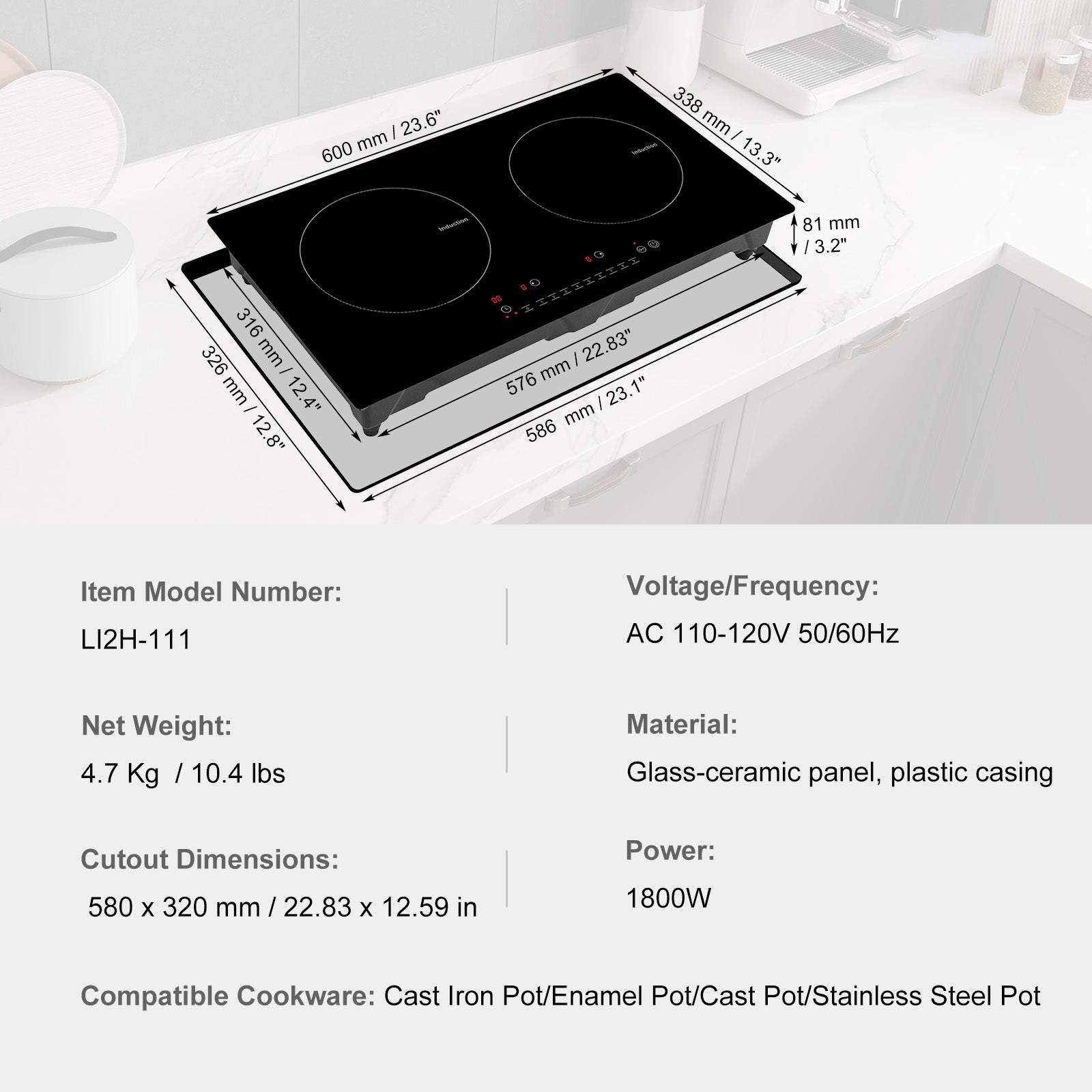 Electric Cooktop, 2 Burners, 24'' Induction Stove Top, Built-in Magnetic Cooktop 1800W, 9 Heating Level Multifunctional Burner, LED Touch Screen w/ Child Lock & Over-Temperature Protection